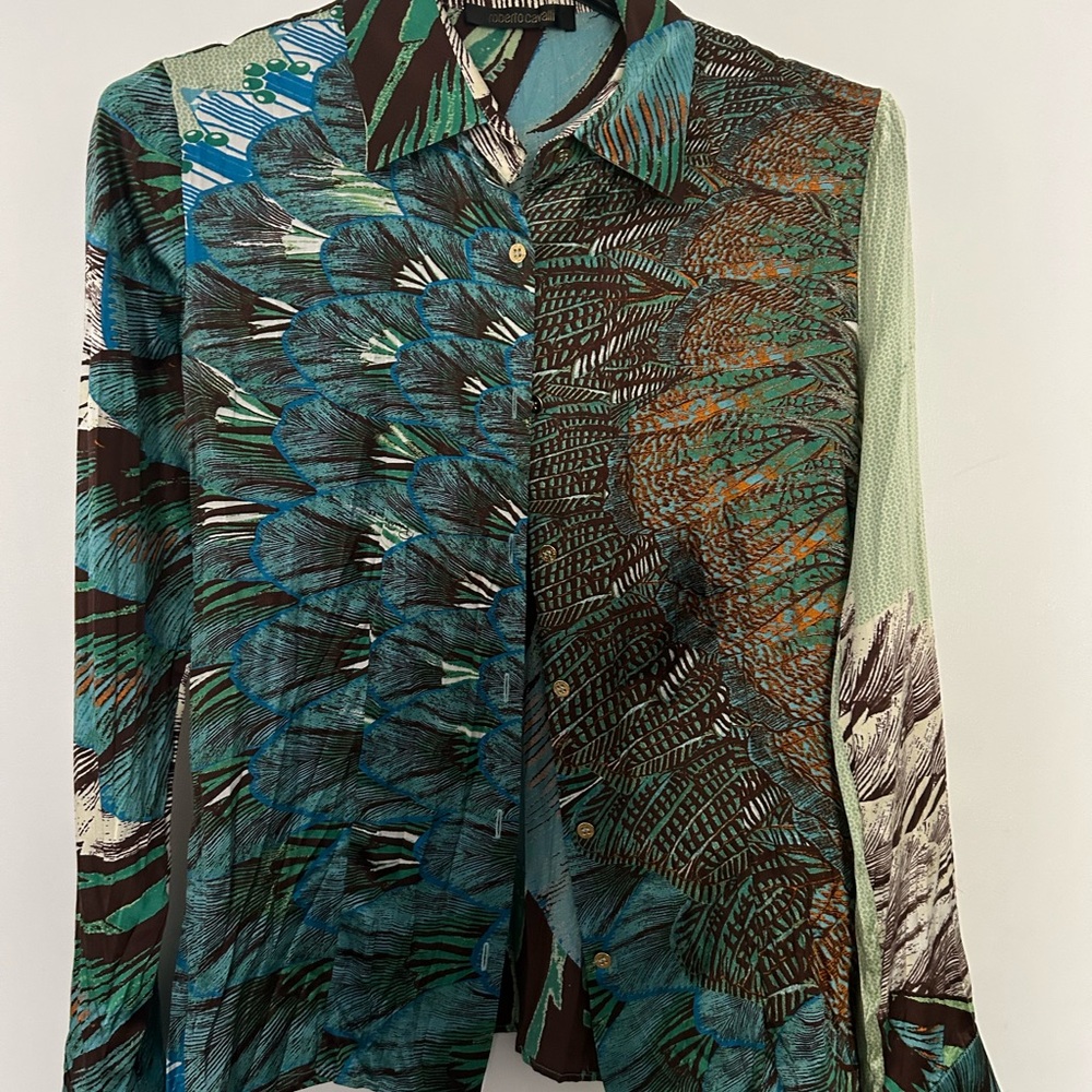 Roberto Cavalli Brown Teal Orange Silk-Blend Print Top